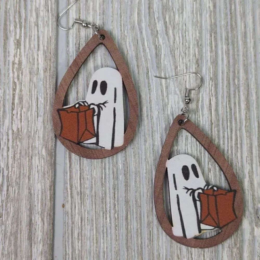 Womens Halloween Ghost Earrings Trick or Treat Basket White Brown Wire Post